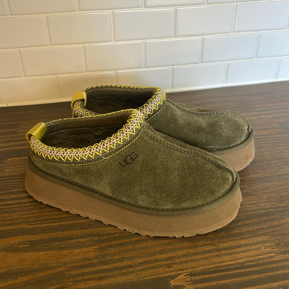 UGG Olive Green Suede Slip-On Slippers with Yellow Trim